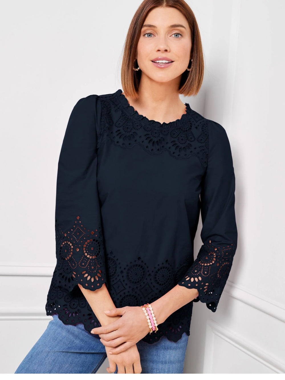Talbots Navy Eyelet Lace-Trim Top Size Medium